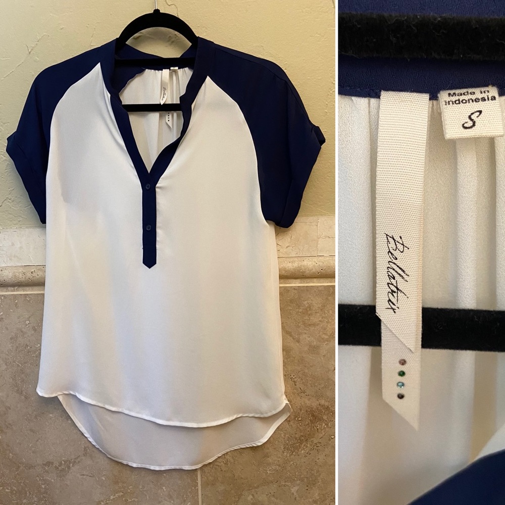 BELLATRIX Baseball Tee Blouse Blue White sz S - Picture 1 of 4